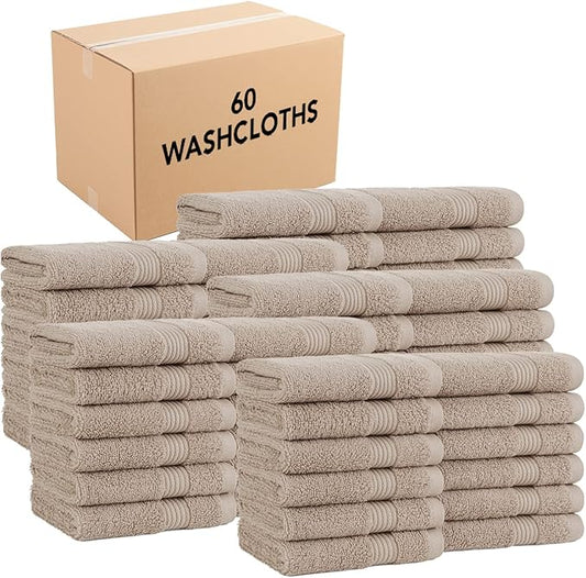 Arkwright Bath Washcloths 12 Pack - (Bulk Case of 60) Super Soft 100% Cotton, 600 GSM Quick Dry & Absorbent, Luxury Face & Body Wash Cloth Towels for Hotels, Spa, and Vacation Rental, Latte Beige