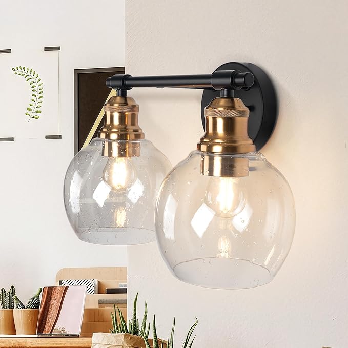 Bathroom Vanity Light Fixtures, 2-Light Bathroom Light Fixtures, Modern Bathroom Vanity Light Over Mirror with Seeded Glass Shade, Farmhouse Wall Sconces Lighting for Bedroom Hallway