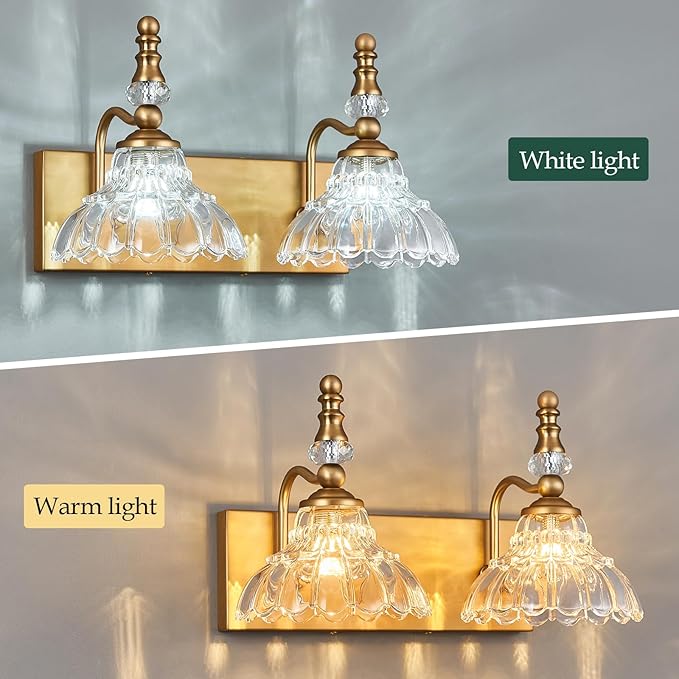 Vintage Bathroom Vanity Light, 2-Light Brass Vanity Lighting Fixture with Flower Glass Shade, Bathroom Lighting Fixtures Over Mirror