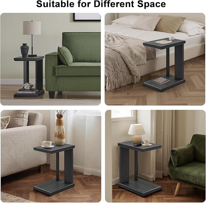 C Shaped End Table for Couch, 23.2'' High Small Side Table 2-Tier C Shaped Sofa Table for Small Narrow Spaces, Modern Nightstand for Bedroom, Living Room, Apartment, Home Office, Dark Grey