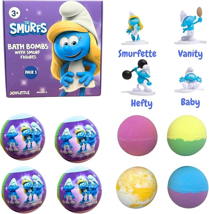 The Smurfs Bath Bombs with Action Figures-Smurfette, Baby Smurf, Hefty Smurf, and Vanity Smurf (Pack 1)