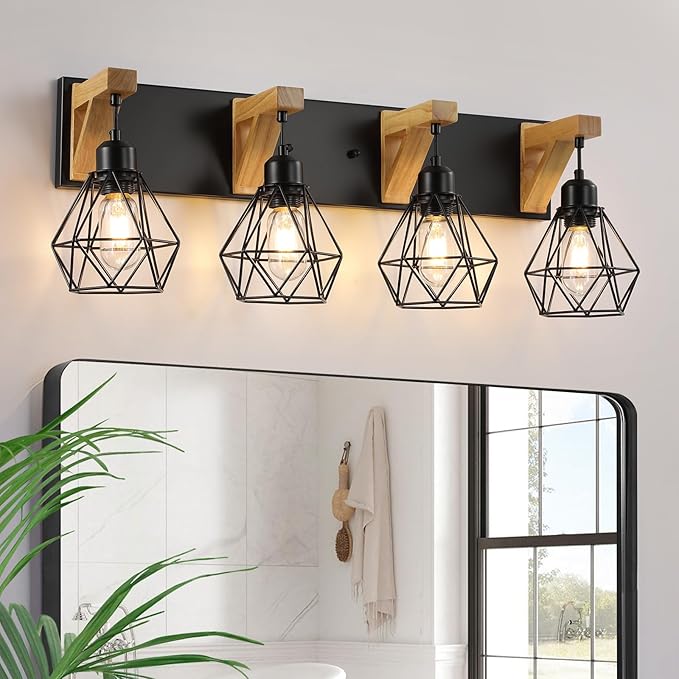 maesta 4-Light Farmhouse Bathroom Vanity Light Fixtures, Wood Bathroom Light Over Mirror, Rustic Sconces Wall Lighting with Elegant Metal Lampshade for Living Room, Bedroom, Hallway