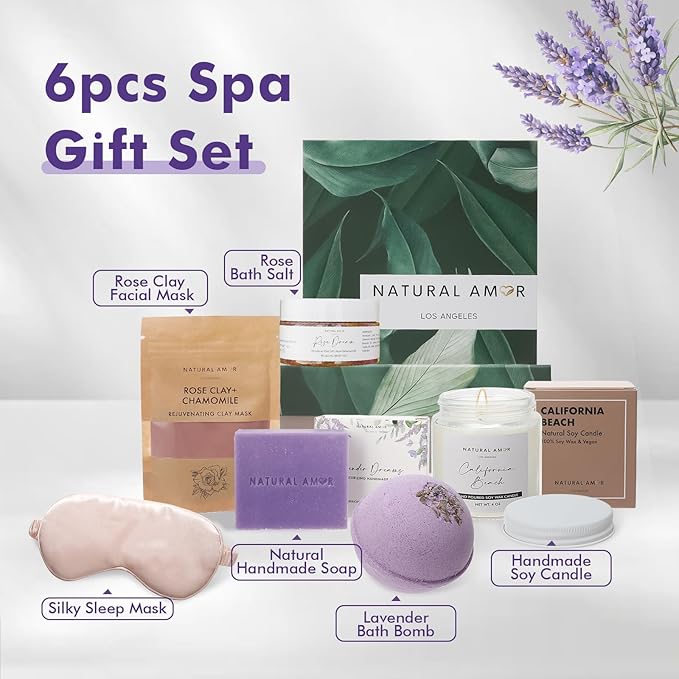 Natural Amor Spa Gift Set for Women – 6 PCS Self Care Relaxation Kit with Handmade Soap, Bath Bomb & Candle, Christmas Holiday Gift Box for Her, Ready-to-Gift Spa Set for Mom Wife Sister