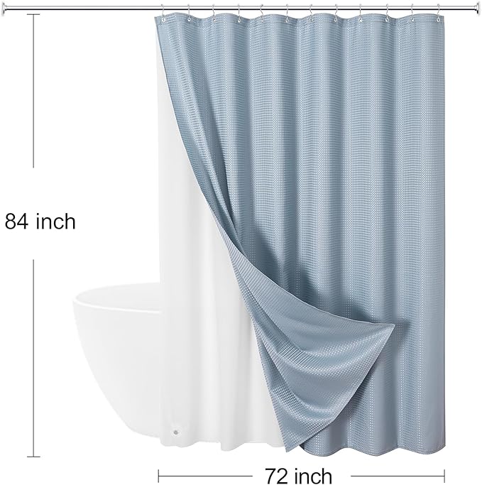 3 in 1 Extra Long Blue Shower Curtain Set-72 W x 84 H, Fog Blue Waffle and PEVA Liner Set with 12 Stainless Steel Hooks, Waterproof Fabric for Bathroom