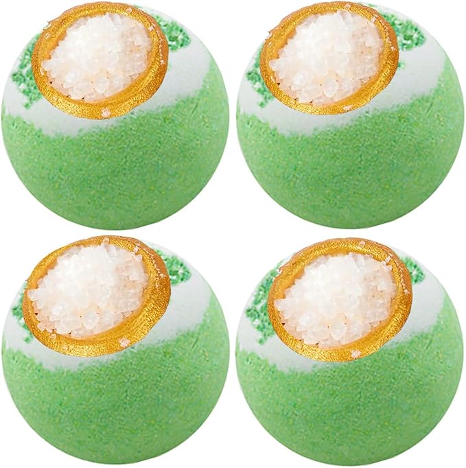 Green Tea Coarse Salt Bath Bombs Balls,4-Pack Gift Set,Moisturizing Dry Skin,Fizzy Spa,Relaxation,Self Care,Relaxing,Bubble Bath Bomb Idea for Men Women