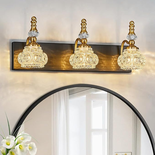 Bathroom Light Fixtures, Modern Glass Crystal Vanity Light Vintage Bathroom Lighting Fixtures Over Mirror 3 Light Vanity Lights G9 Bulb (19.68 Inch, Black Gold)