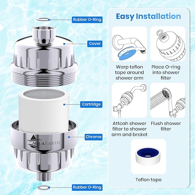 Aqua Earth Shower Filter For Hard Water Removes Chlorine Fluoride Harmful Substances Organics Other Sediments Shower Head Filter High Output Vitamin C For Hair and Nails