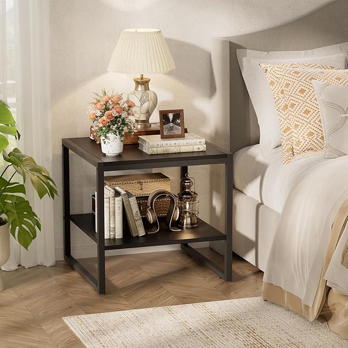 Homieasy End Table, 20 Inch Square End Table, Mini Fridge Stand with 2-Tier Storage Shelves, Industrial Wood Side Tables for Living Room, Black