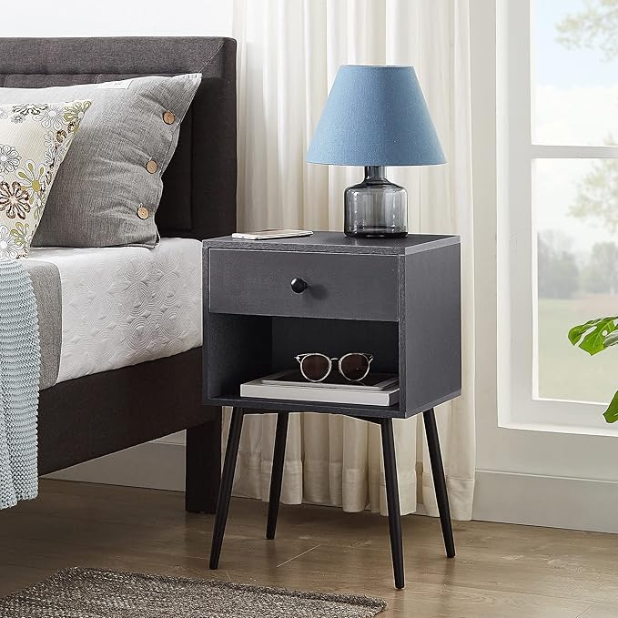 VECELO Nightstands Set of 2, Mid Century Modern End Bedside Table, Night Stand with Storage Drawer and 2 Tiers Open Shelf for Small Place, Bedroom, Living Room, Easy Assembly, Grey