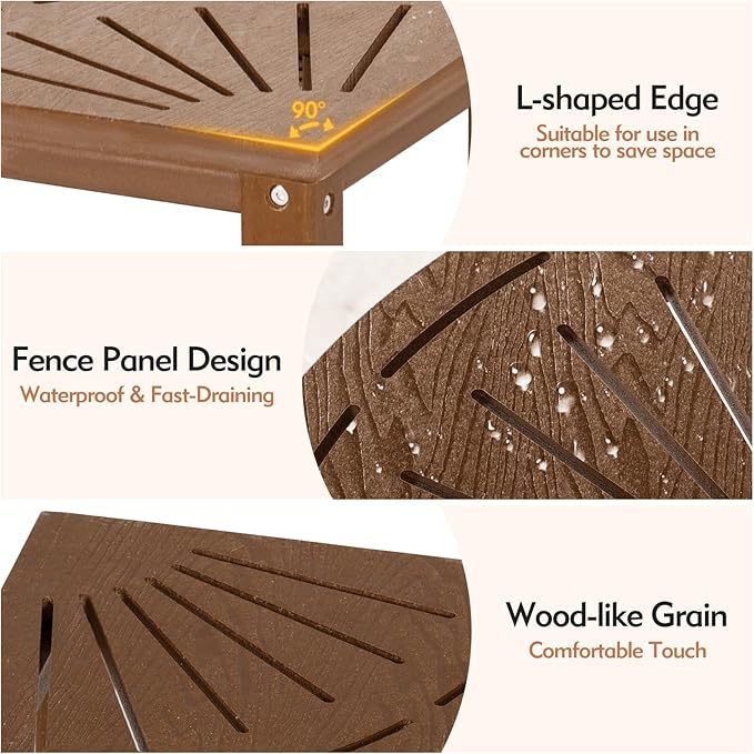 2-Tier Corner Shower Bench with Hooks & Soap Dish, HDPE Waterproof Stool for Shaving Legs, Non-Slip Shower Foot Rest - Brown