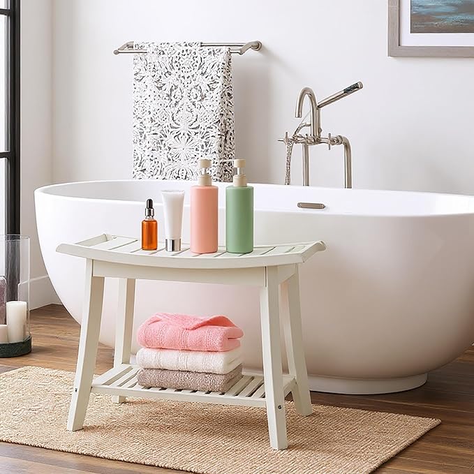 Bamboo Shower Bench Stool,24" Shower Chair Seat Non-Slip,Waterproof Bathroom Bench with Storage Shelf for Adults,Elderly, Disabled Indoor&Outdoor Use (White)