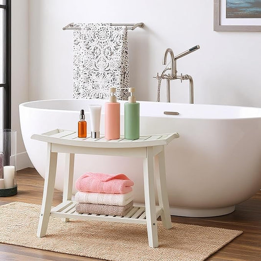 Bamboo Shower Bench Stool,24" Shower Chair Seat Non-Slip,Waterproof Bathroom Bench with Storage Shelf for Adults,Elderly, Disabled Indoor&Outdoor Use (White)