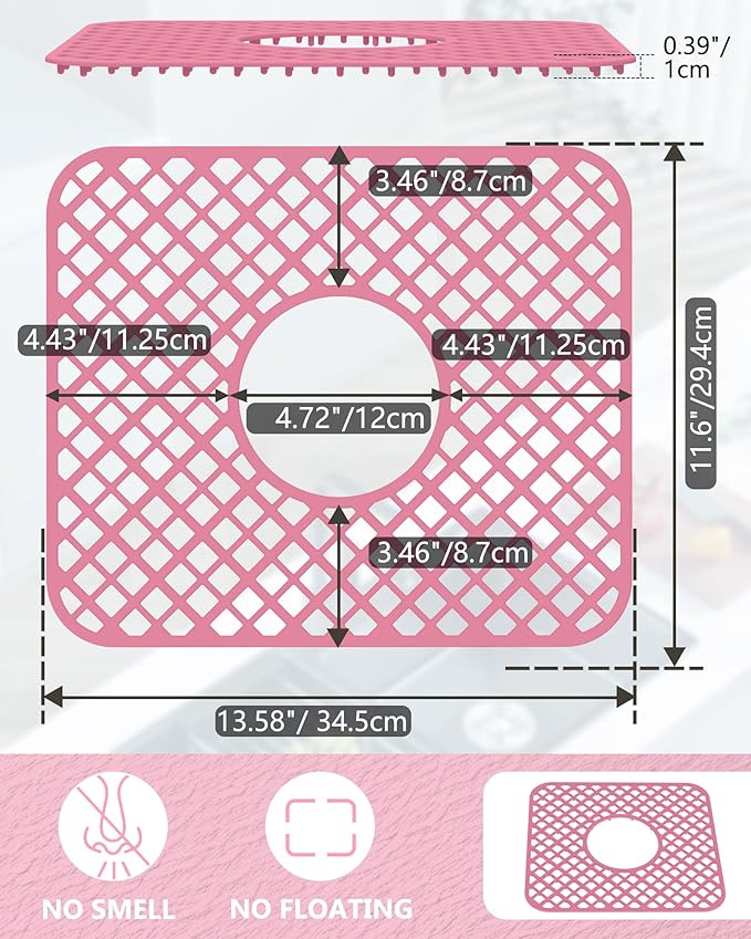 2 Pack Silicone Sink Protector for Kitchen Sink, Lozenge Pattern 13 x 11 inches Sink Grid Mat Silicone Protectors, Center Drain, Pink