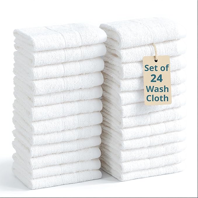 Casa Platino 100% Cotton Washcloths 24 Pack - Spa & Salon Quality Face Towels - Ring Spun, Soft & Absorbent Wash Cloth Rags for Body, Beauty, Home, Gym - Fingertip Towels - 13"x13", White Washcloths