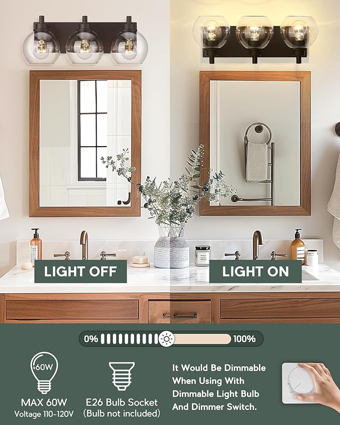 Bathroom Light Fixtures Over Mirror, 3-Light Oil Rubbed Bronze Vanity Light with Clear Glass Globe Shade, Modern Sconces Wall Lighting, Bathroom Wall Lights for Bedroom Hallway, VL195-ORB-3