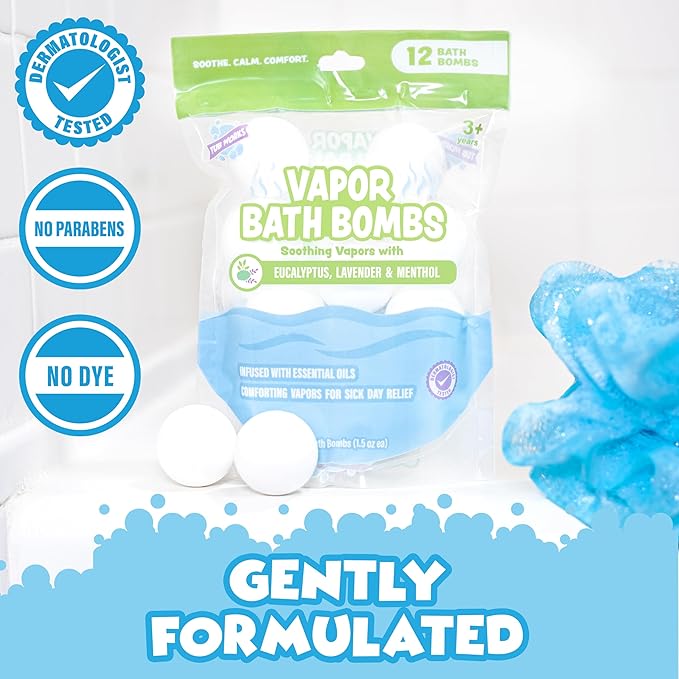 Tub Works® Vapor Bath Bombs for Toddlers & Kids, 12 Pack | Natural Essential Oils for Aromatherapy | Calming Eucalyptus Bath Bomb with Lavender & Menthol for Cold, Flu & Congestion Relief