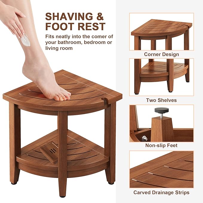 18" Teak Corner Shower Stool, Inside Shower Stool with Storage Shelf, Waterproof Teak Stool for Shaving Legs and to Sit On, 2-Tier Shower Stool,Adjustable Feet, Non-Slip, Brown