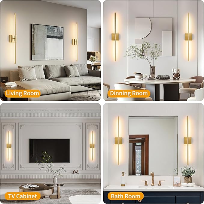 36 Inch Battery Operated Wall Sconces Set of 2, Dimmable Battery Wall Sconce with Remote Control, Gold LED Rechargeable Sconces, Modern Wireless Wall Lights for Bedroom, Living Room
