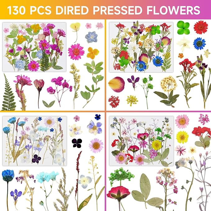 130 Pcs Dried Pressed Flowers for Resin, Real Pressed Flowers Dry Leaves Bulk Natural Herbs Kit for Scrapbooking DIY Art Crafts, Epoxy Resin Jewelry Molds, Candle, Soap Making, Nails Décor