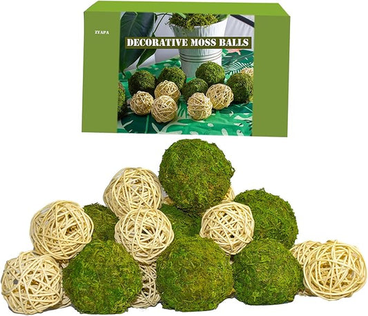 22 Pack Moss Balls 8pcs 3.2"/ 2.3" and Wicker Rattan Balls 6pcs 2.2" for Bowls Decorative Balls Filler for Centerpiece Home Tabel Decor