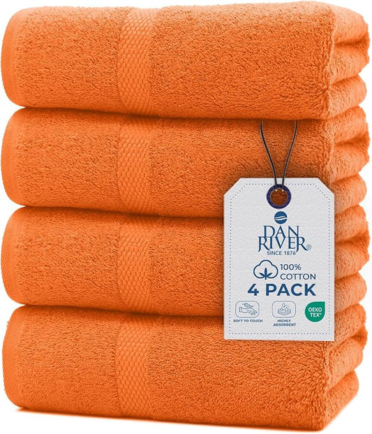 DAN RIVER Bath Towels Set of 4, 27 x 54 Inches, 100% Cotton, Larger & Lighter Weight, Quicker to Dry, Super Soft and Absorbent, Ideal Bathroom Towels Set for Daily Use, Orange