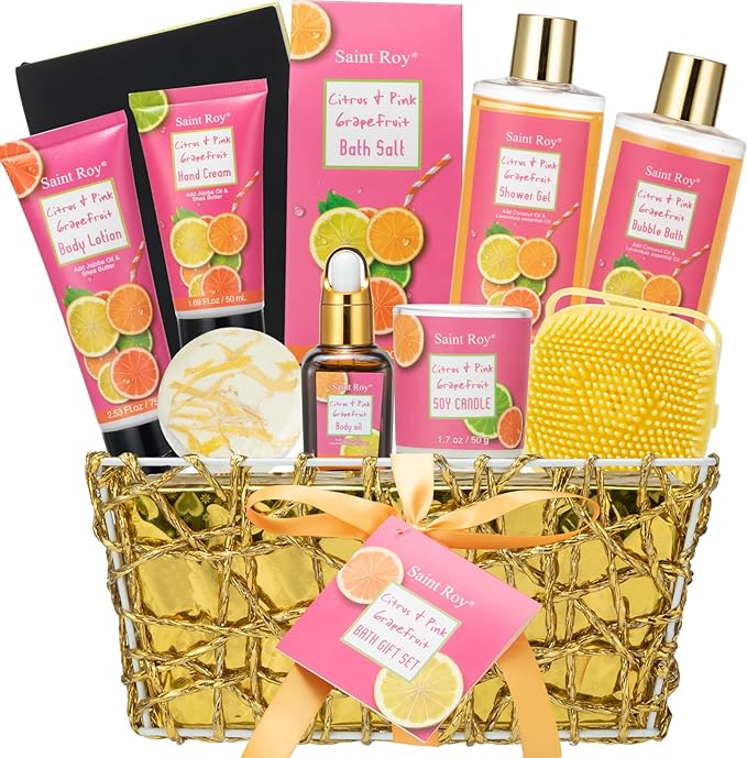 Bath Spa Body Gift Set, Luxury Christmas Gifts for Women Citrus Pink Grapefruit Spa Kit Gift Woman, 11 Pcs Self Care Kit Gifts With Bubble Bath, Massage Oil, Bath Brush, Birthday Gifts for Women