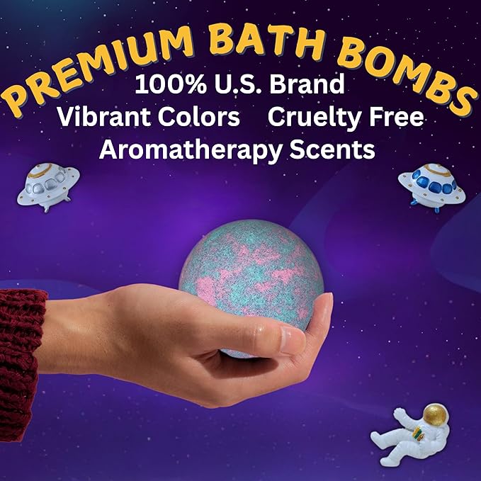 EvolutionUSA Space Bath Bombs for Boys & Girls, 6 Planet Bath Balls with Toy Hidden Inside, Organic Hypoallerganic Childrens Bathbombs, Cosmic Fun Space Surprise, Gift Set Birthday, Christmas, Easter