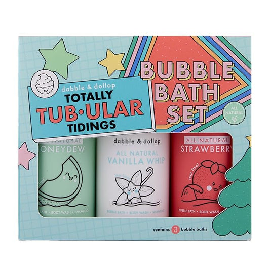 Dabble & Dollop Totally Tub-ular Tidings Bubble Bath Set - Holiday Gift Bundle with Three Mixable 3-in-1s - Bubble Bath Body Wash and Shampoo - Strawberry, Honeydew & Vanilla