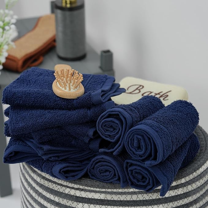 Tens Towels Pack of 60 Washcloths, 12 x 12 Inches, Lighter Weight, Quick to Dry, Super Soft & Absorbent, Gentle Face Towels, Hotel Quality, Perfect for Bathroom, Gym, Spa (Navy, 60 Pack)