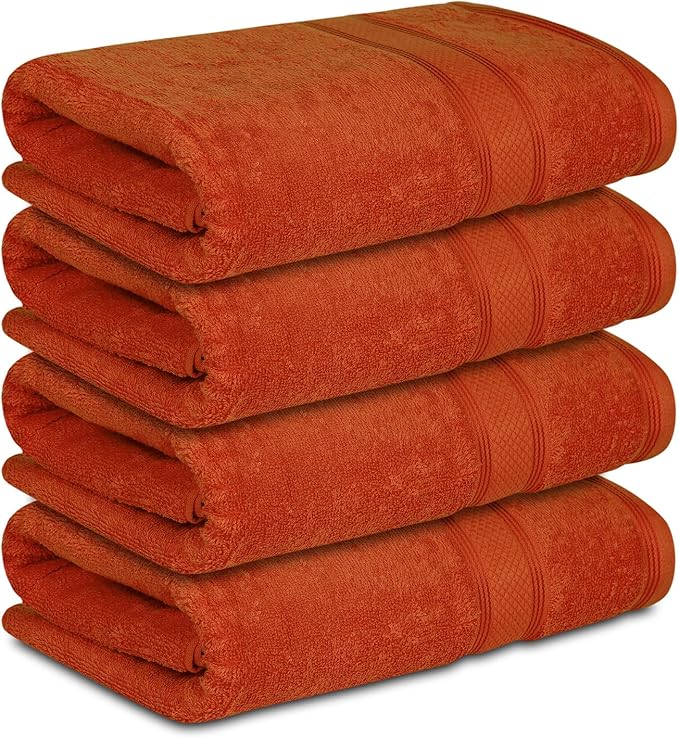 Casa Lino Coral Orange Bath Towels Set of 4 (54" x 27") - Large Bathroom Towel Set - 100% Cotton Towels for Bathroom - Highly Absorbent & Quick Dry Bath Towel Multipack - New Apartment Essentials