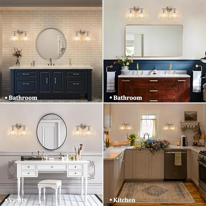 Bathroom Light Fixtures, 2-Light Vanity Wall Light Over Mirror with Clear Tulip Glass Shade for Bedroom Living Room (Bulb Not Included), Satin Nickel