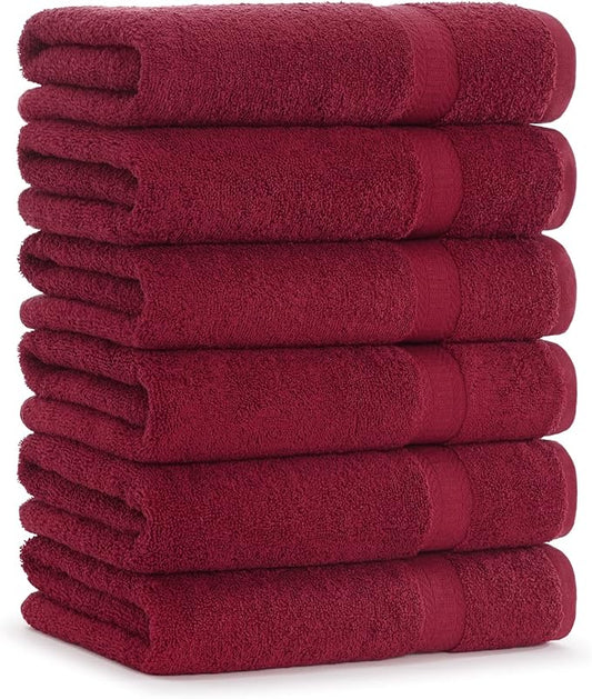 Arkwright True Color Solid Bath Towels - Soft 100% Cotton Bathroom Towel Set of 6 - Lightweight 475 GSM, Absorbent, and Quick Dry, 25 x 52 in, Burgundy