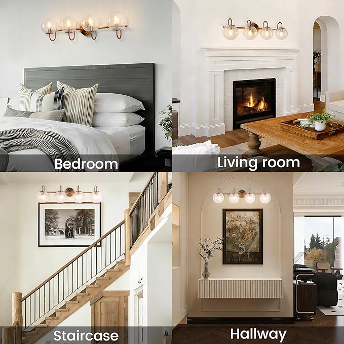 4-Light Bathroom Light Fixtures, Brushed Gold Vanity Lights for Bathroom with Cracked Glass Globe Shade, Vintage Bathroom Vanity Lighting Fixtures Over Mirror for Bedroom Living Room Hallway
