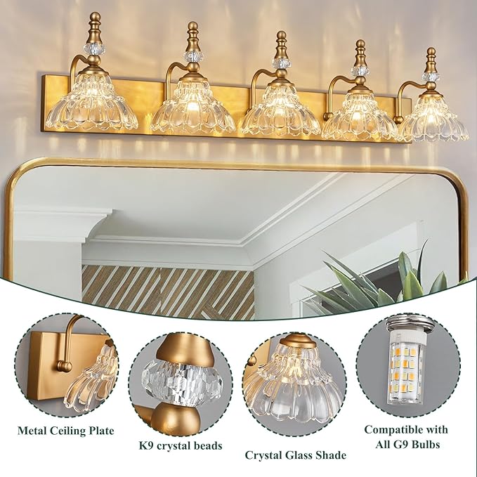 Vintage Bathroom Vanity Light, 5-Light Brass Vanity Lighting Fixture with Flower Glass Shade, Bathroom Lighting Fixtures Over Mirror