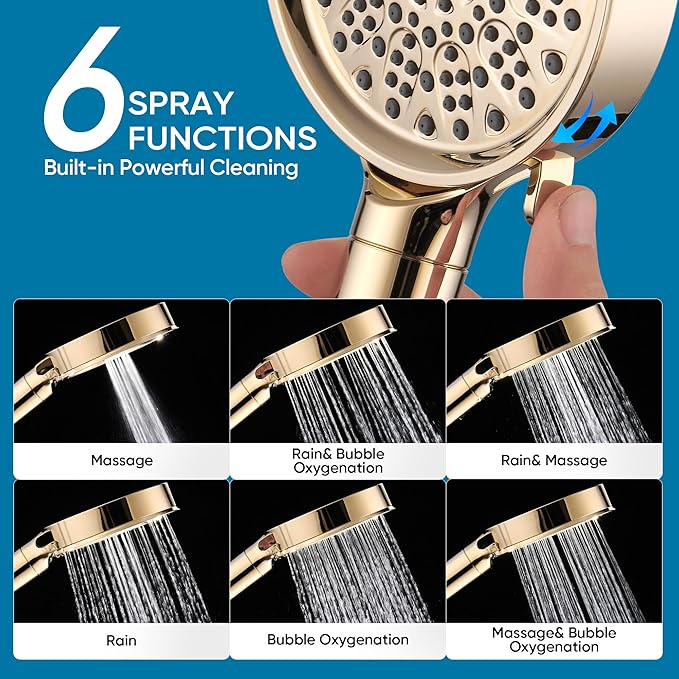 Cobbe Filtered Shower Head with Handheld, High Pressure 6 Spray Mode Showerhead with Filters, Water Softener Filters Beads for Hard Water - Remove Chlorine - Reduces Dry Itchy Skin, Egyptian Gold