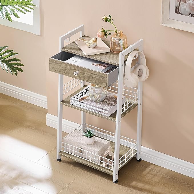 3-Tier Bathroom Ladder Shelf with Drawer, Bathroom Floor Storage Shelf, Freestanding Tower Shelf Ladder Bookshelf for Living Room,Bedroom -White