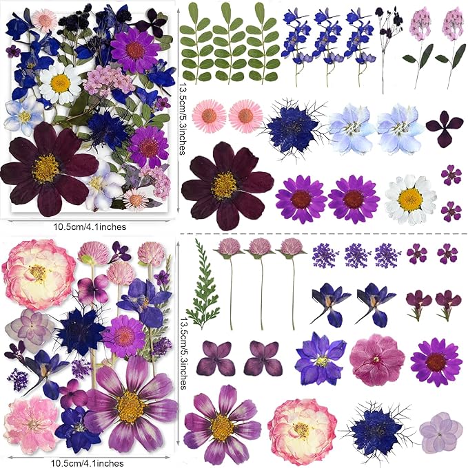150PCS Purple Dried Pressed Flowers with Butterfly Stickers - YouthBro Real Nature Flowers Set for Resin DIY Jewelry Candle Soap Vase Making Nail Card Scrapbook Art Craft Floral Decors