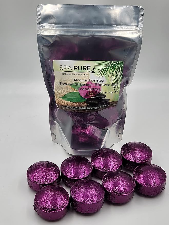 Spa Pure Tranquility Shower Steamers: Aromatherapy Shower Bombs Made in USA with 100% Natural/Organic Essential Oils - Transform Your Shower (8 Count) Pack of 1
