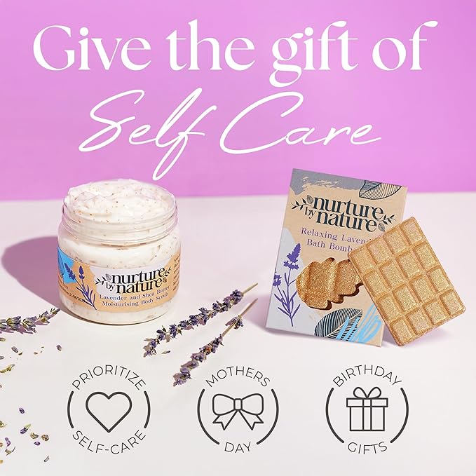 Nurture by Nature RELAX & CALM Spa Kit - Birthday Gifts for Women - Spa Gift Baskets For Women, 6-in-1 Self Care Kit, Bath Sets Gift - Lavender Pillow Mist, Bath Salts, Body Scrub, Bath Bomb