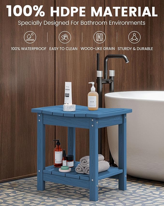 SERWALL Shower Bench, 18" Shower Stool for Inside Shower, HDPE Waterproof Shower Seats for Adults with Storage Shelf & Handles, 360 lbs Capacity- Blue