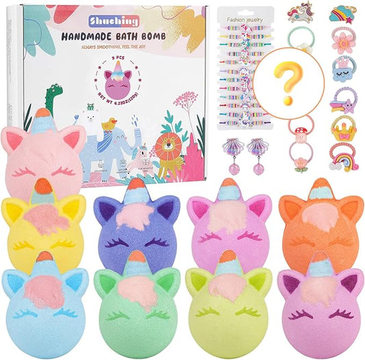 SHUCHING 9 XXL Unicorn Bath Bombs with Surprise Inside, Natural and Organic Bubble Bath Fizzy Balls for Kids, Birthday Christmas Gifts Set for Girls