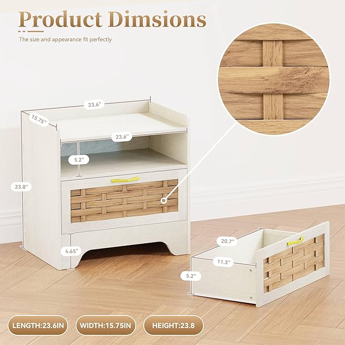 24" Rattan Nightstand with Storage Drawer, White Bedside Table with Semi Open Cubby, Boho Night Stand with Farmhouse Arched Base for Bedroom, Side Table, End Table for Dorm