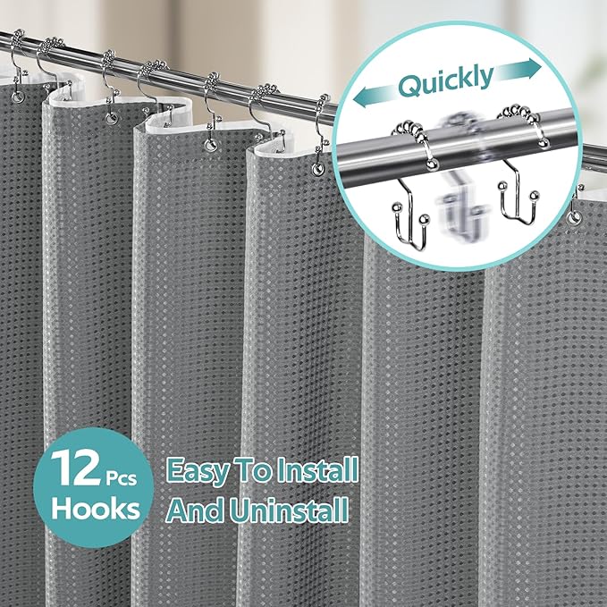 3 in 1 Shower Curtain Set, Waffle Shower Curtain and Liner Set with 12 Double Sided Shower Curtain Hooks, 258GSM Luxury Weighted Cloth Shower Curtains for Bathroom, 72 W x 84 H, Grey