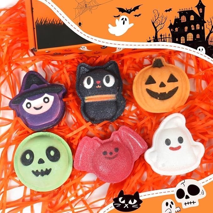 Halloween Bath Bombs for Kids & Women, Handmade Spooky Bath Bomb Set of 6 Fun Shapes – Perfect Gifts for Kids, Skin Care Bathbombs for Girls’ Spooky Celebration