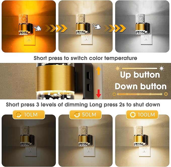 Night Lights Plug into Wall 2 Pack, Dimmable Night Light with Dusk-to-Dawn Light Sensor, Soft White/Cool White/Amber 3 Light Color, Adjustable Brightness, Rotatable plug, Bubble Nightlight for Hallway