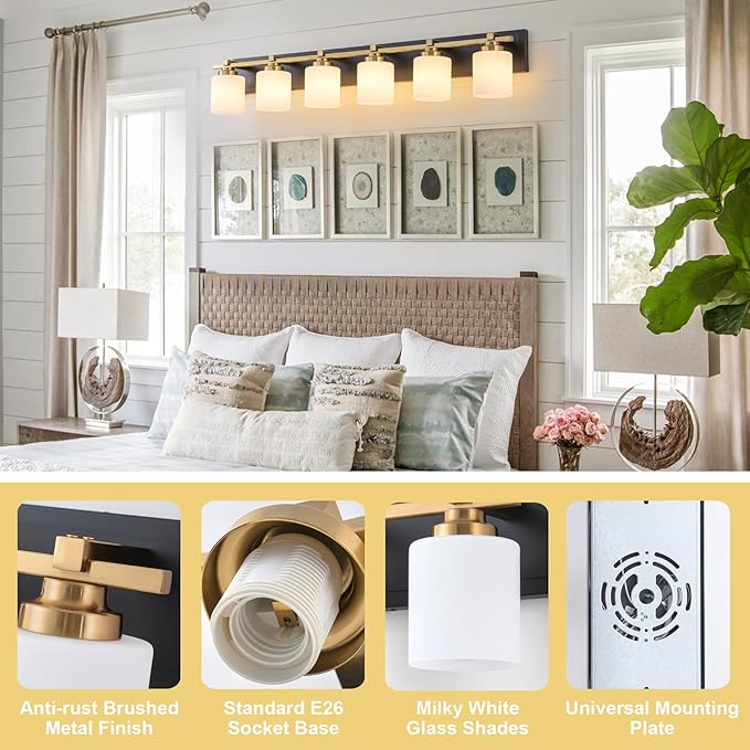 6 Light Modern Bathroom Light Fixtures Over Mirror, Black Gold Vanity Lights for Bathroom Wall Sconces with Milky White Glass Shades, E26 Socket (Bulbs Not Included)