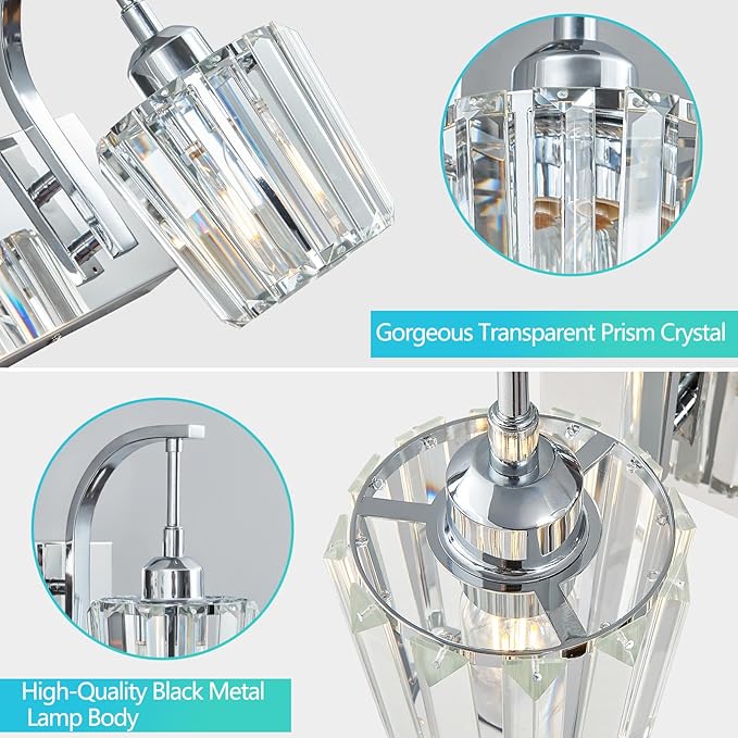 Modern Bathroom Vanity Light, 3-Light Chrome Wall Sconce with Crystal Accents, Over Mirror Bathroom Lighting Fixture, 23.62" Long Dimmable Vanity Lamp for Makeup, Easy Installation