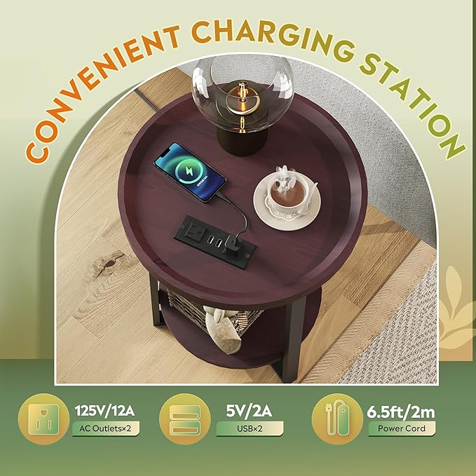 WLIVE Round End Table with Charging Station, 2 Tier Side Table for Living Room/Bedroom, Round Nightstand with Storage Shelf, Small Spaces, Wood Tabletop & Metal Frame, Black