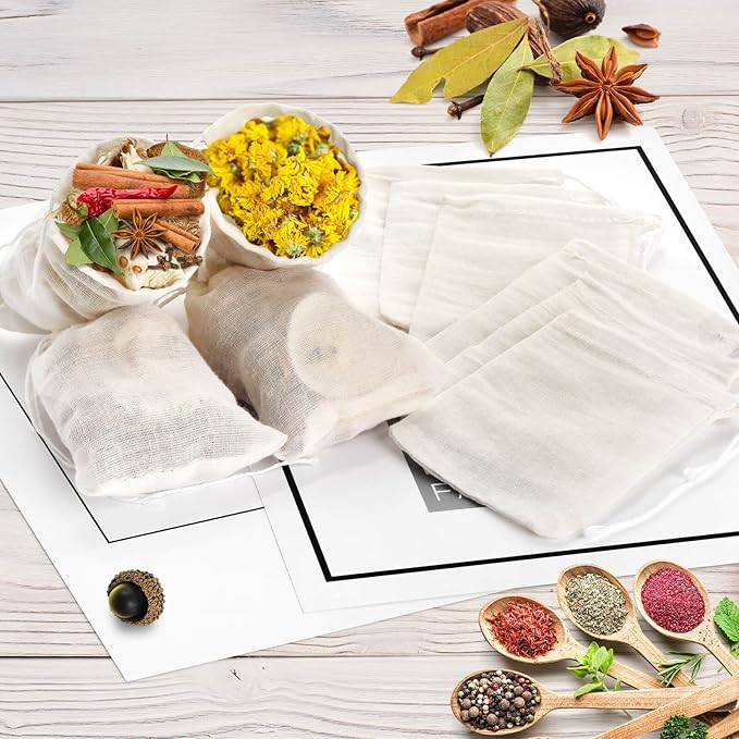 36PCS Drawstring Muslin Bags, 3x4In Reusable Empty Tea Bag for Loose Tea, Natural Cotton Unbleached Cheese Cloth Bag, Spice Bags for Filtering Cooking Soups/Herbs/Herbal Tea/Cold-Brewed Coffee