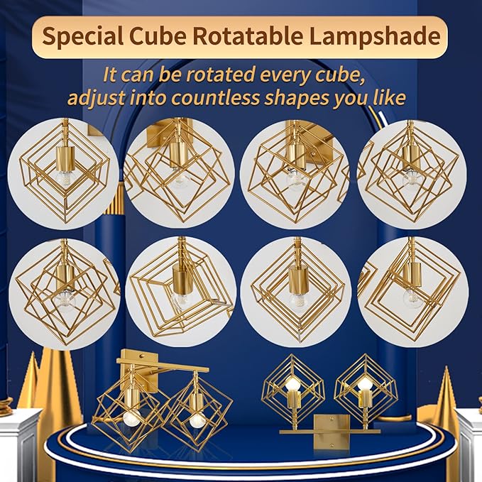 Bathroom Vanity Light with 2 Bulbs Bathroom Light Fixtures Over Mirror with Rotatable 2 Cube Shades Modern Wall Mounted Brushed Brass